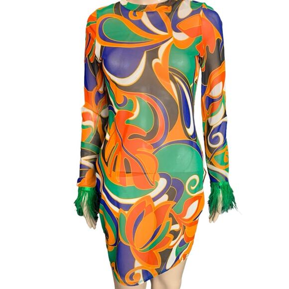 Cherie LA Women's Size Medium Mini Dress Sheer 70’s Hippie Psychedelic Body Con - Picture 9 of 12